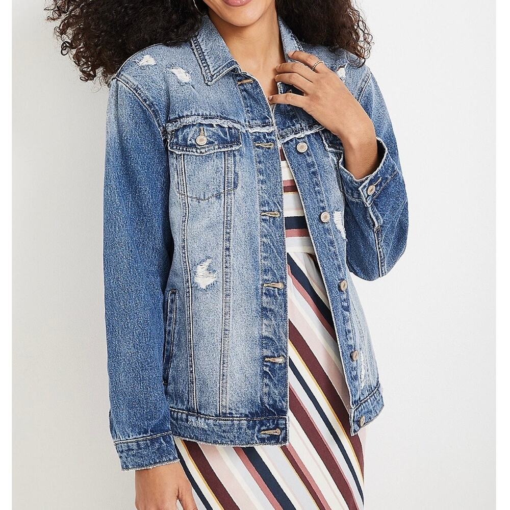 KanCan Medium Blue Wash Destructed Oversized Boyfriend Trucker Denim Jean Jacket